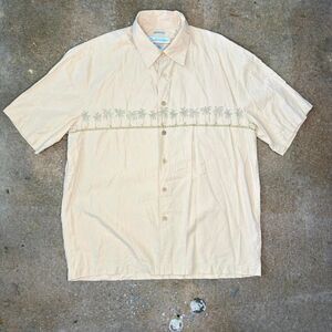 Quiksilver Edition Button Up Shirt Mens Medium Beige Palm Tree Embroidered Beach